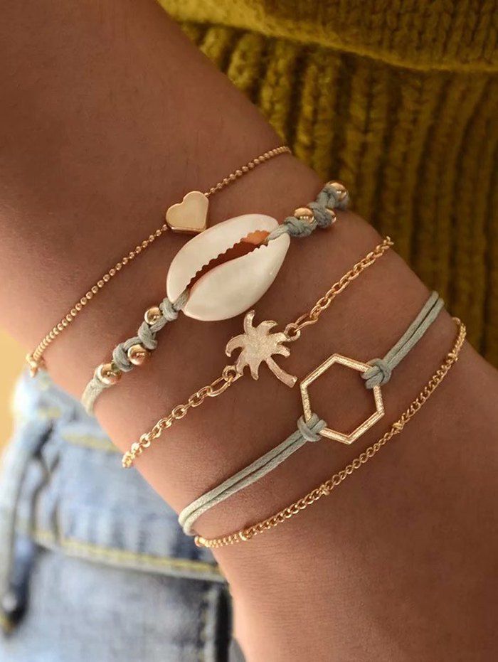 Best Five-piece Heart Cowrie Shell Palm Tree Chain Bracelet Set  