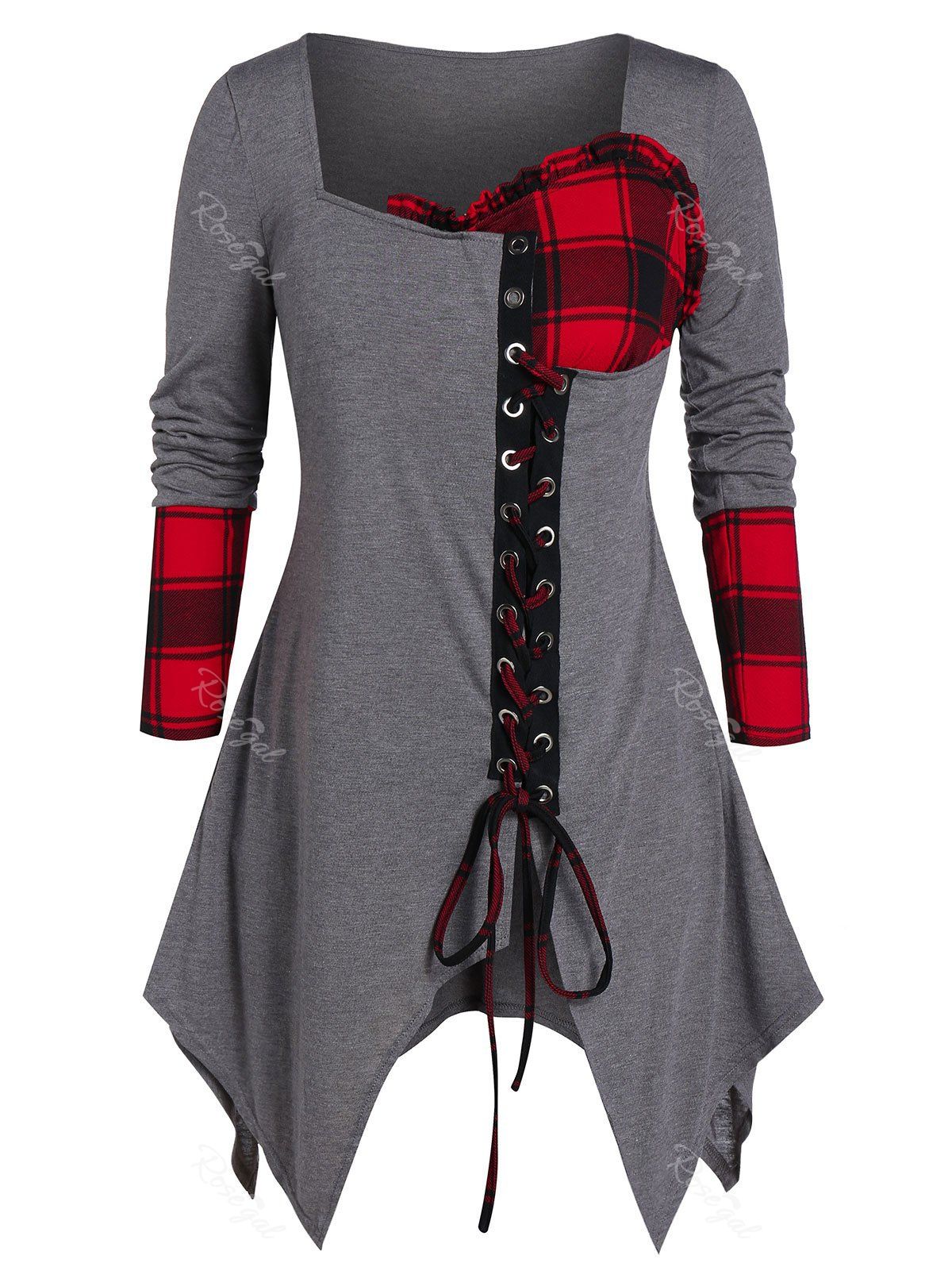 

Plus Size Handkerchief Plaid Lace Up T-shirt, Gray