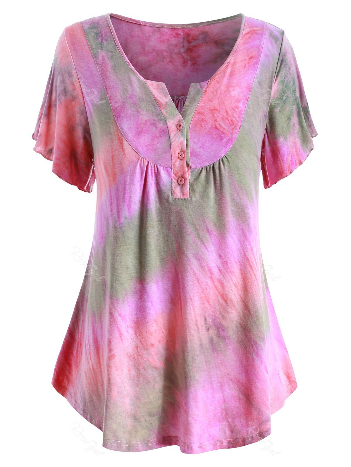 

Plus Size Tie Dye Placket Peasant Top, Multi