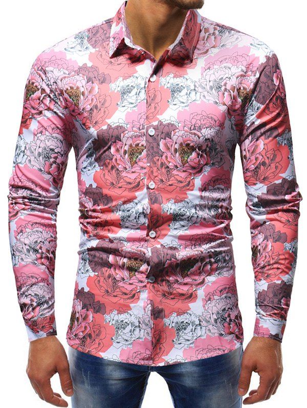 

Color Block Floral Print Button Down Shirt, Pink