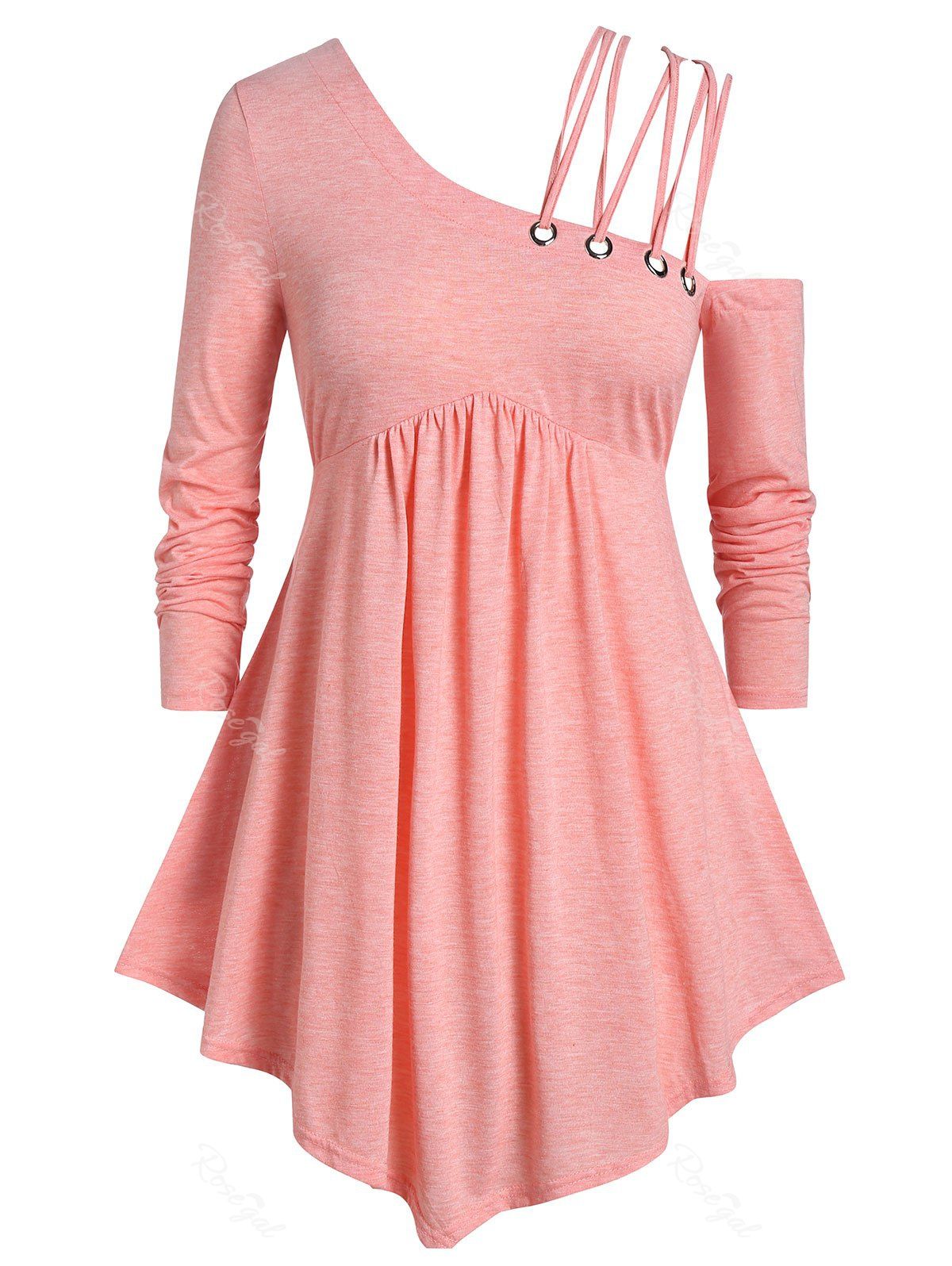 

Plus Size Criss Cross Strappy Skew Neck Peplum T-shirt, Pink