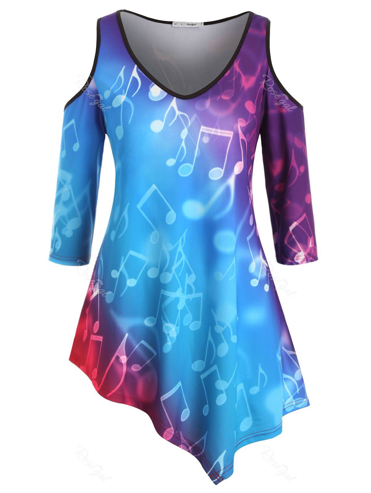 

Plus Size Cold Shoulder Asymmetrical Ombre Musical Notes T-shirt, Multi