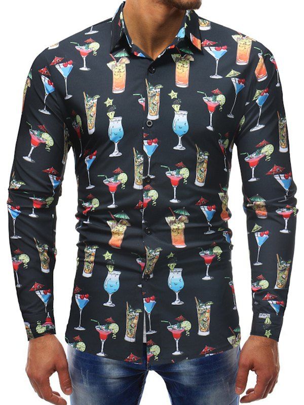 

Cocktail Drink Print Button Down Casual Shirt, Black