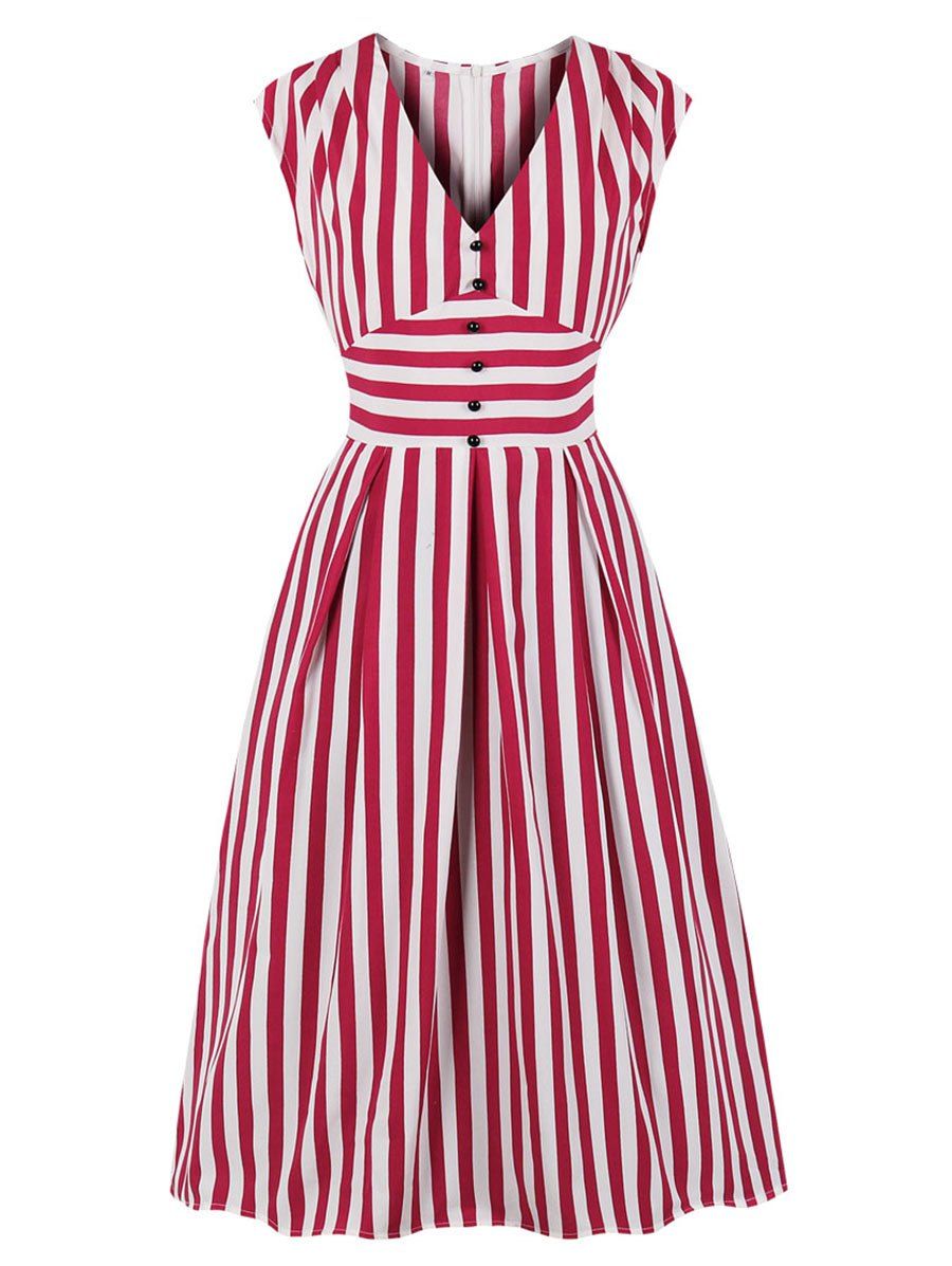 

V Neck Striped Buttoned Midi Dress, Cherry red