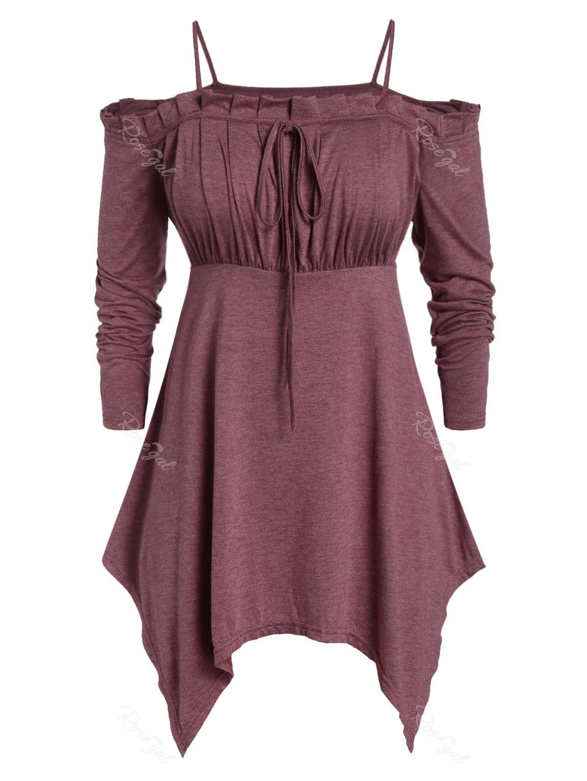 

Plus Size Handkerchief Ruffled Empire Waist T-shirt, Red wine