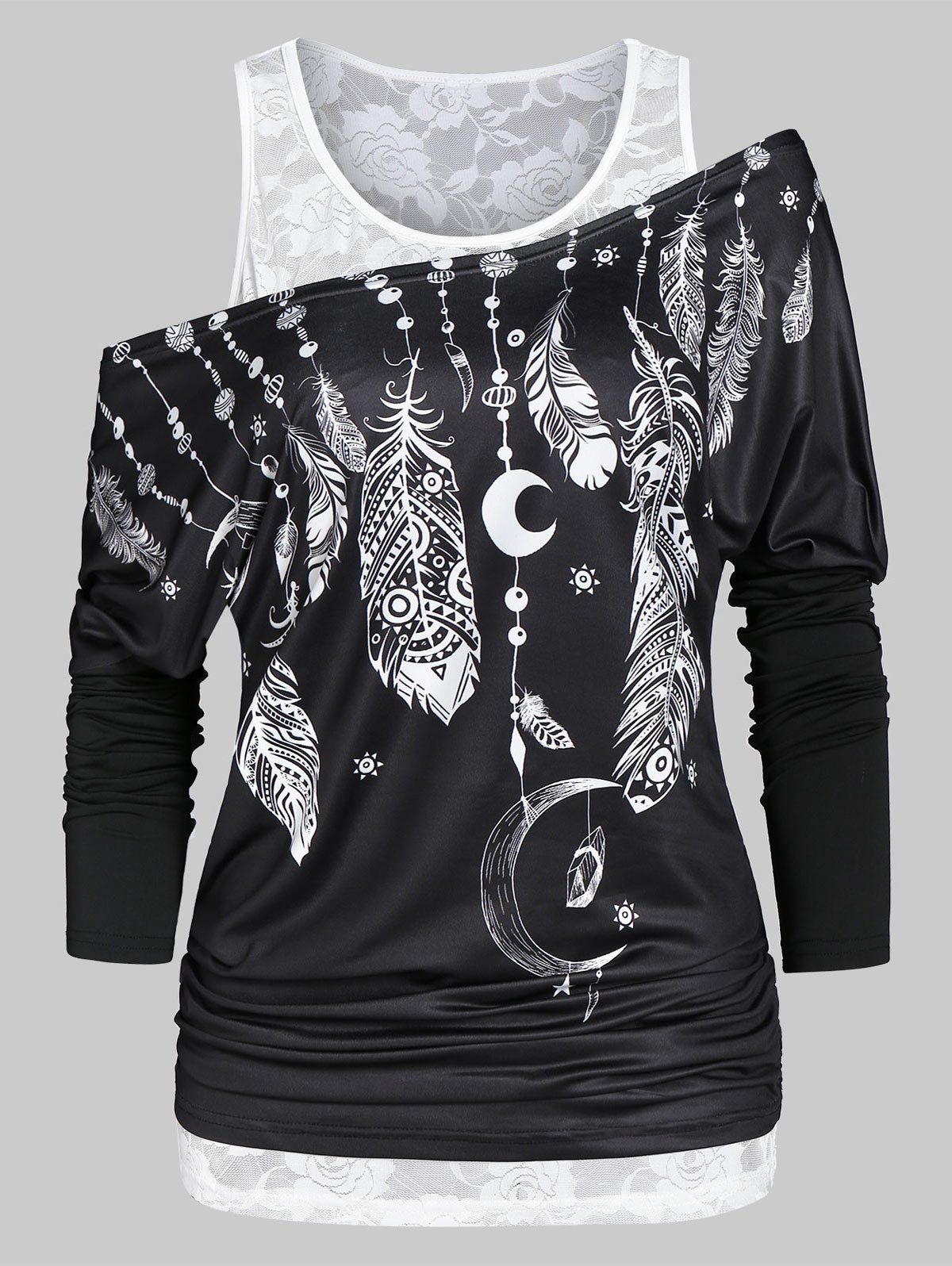 Best Feather Print Ruched T Shirt with Solid Tank Top  