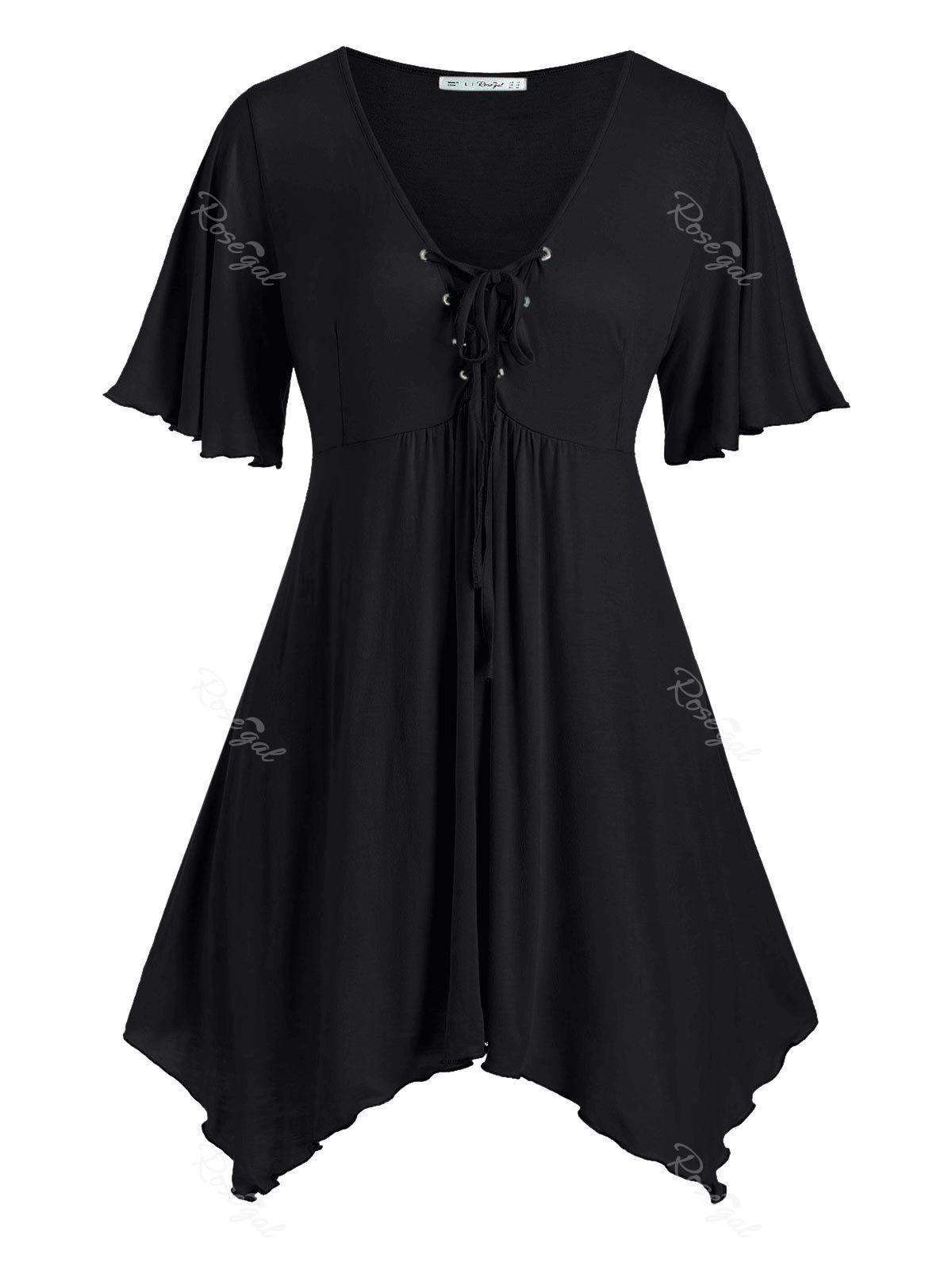 

Handkerchief Skirted Lace Up Plus Size Top, Black