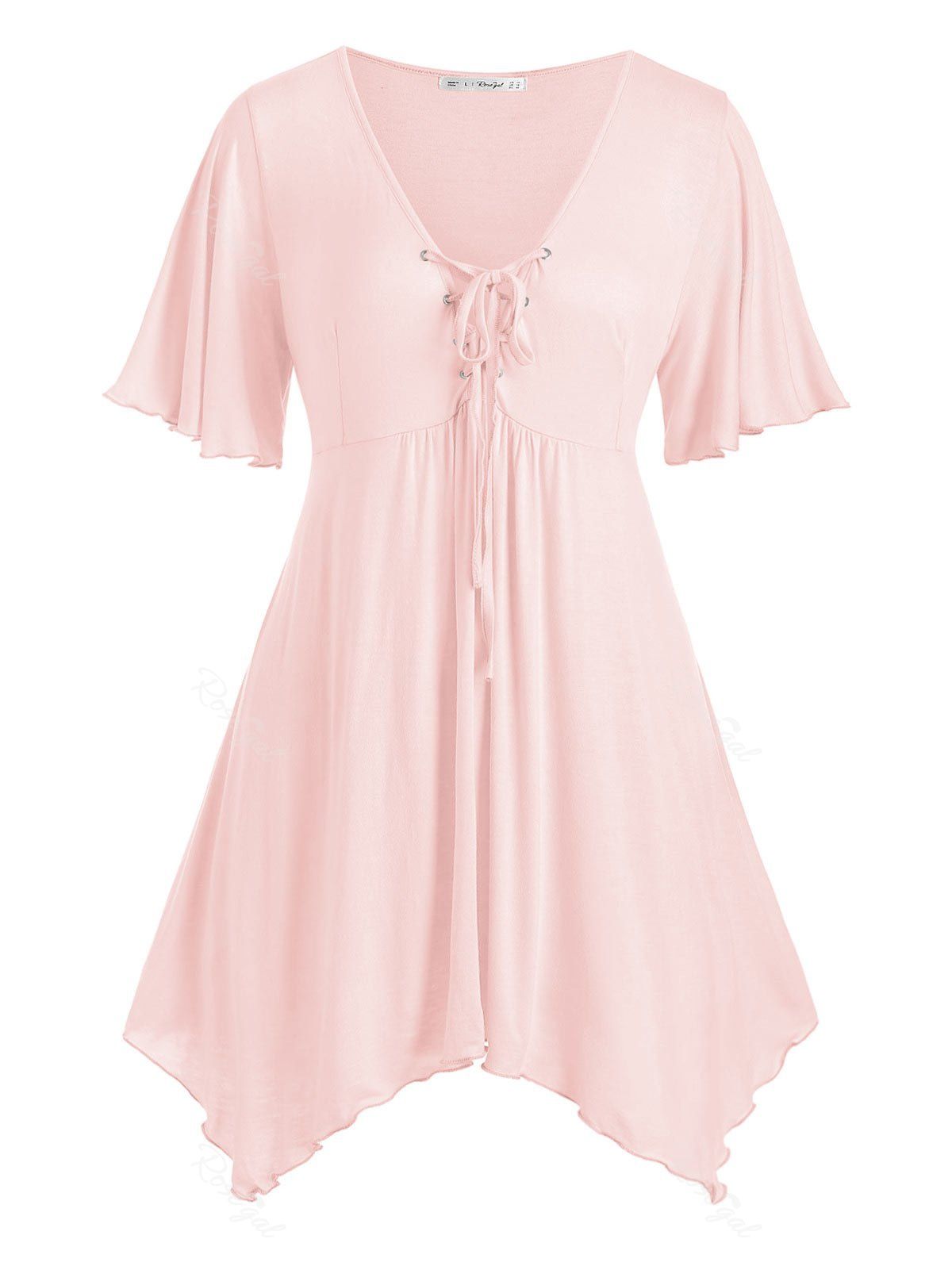 

Handkerchief Skirted Lace Up Plus Size Top, Pig pink
