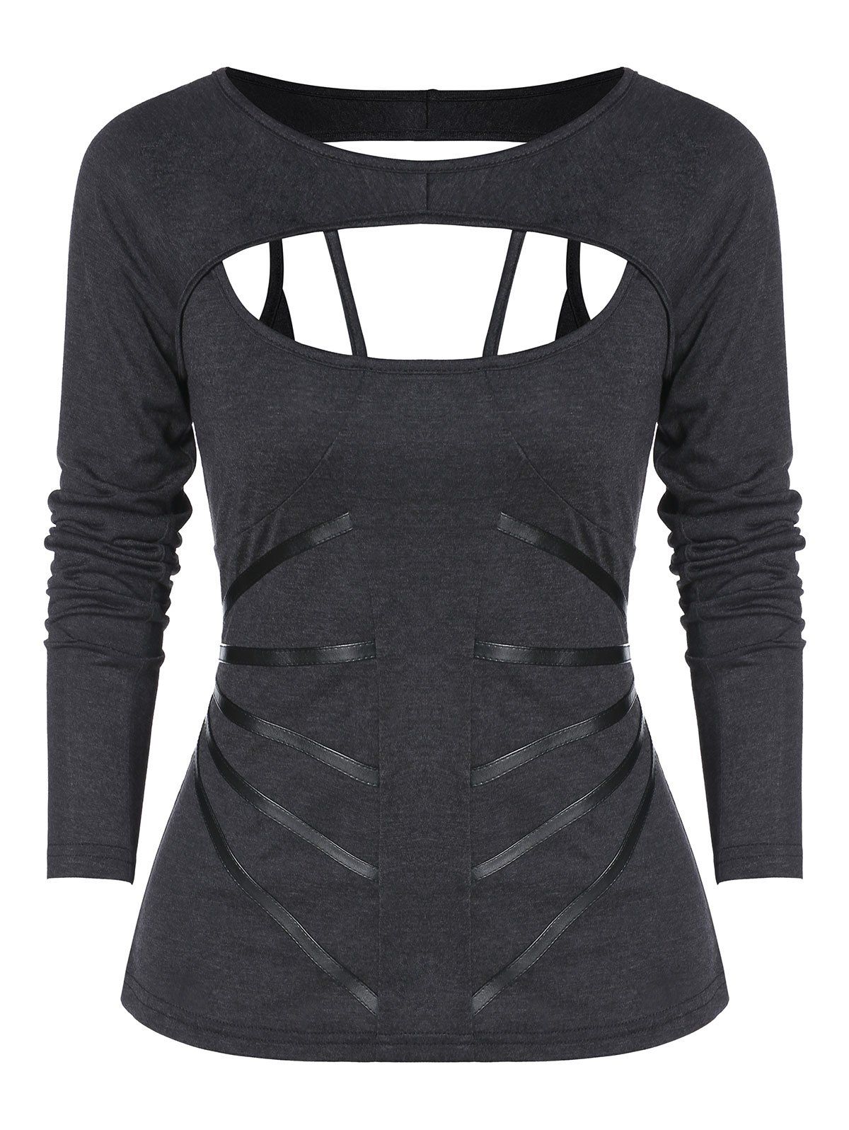 

Cut Out Faux Leather Panel Lace-up Gothic T-shirt, Dark slate grey