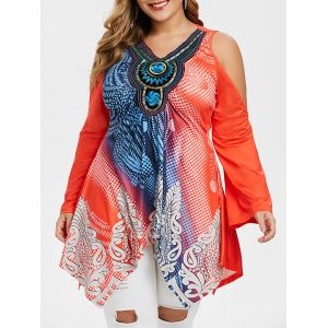 

Handkerchief Embroidered Printed Cold Shoulder Plus Size Top, Orange