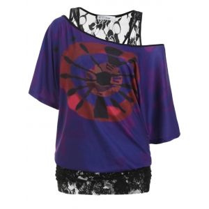

Batwing Printed Lace Panel Cold Shoulder Plus Size Top, Purple