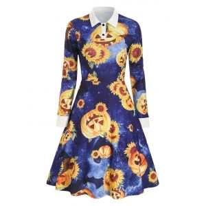 

Shirt Collar Sunflower Pumpkin Print Halloween Dress, Midnight blue