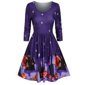 

Halloween Printed Long Sleeve A Line Dress, Purple iris