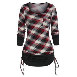 

Ruched Plaid Cinched T Shirt, Red wine