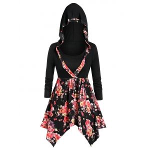 

Plus Size Hooded Floral Handkerchief Peplum T-shirt, Black