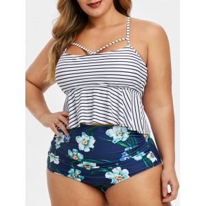 

Plus Size Striped Floral Crisscross Peplum Tankini Swimsuit, Lapis blue