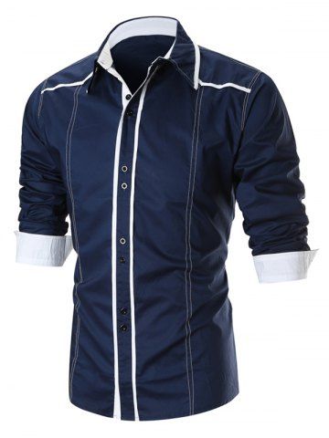 

Color Block Spliced Button Up Long Sleeve Shirt, Cadetblue