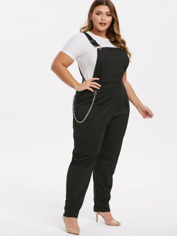 

Plus Size Chains Suspender Buckles Punk Wide Leg Jumpsuit, Black