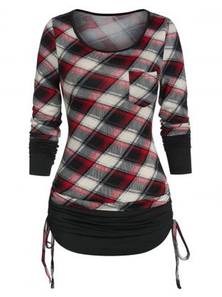 Ruched Plaid Cinched T Shirt