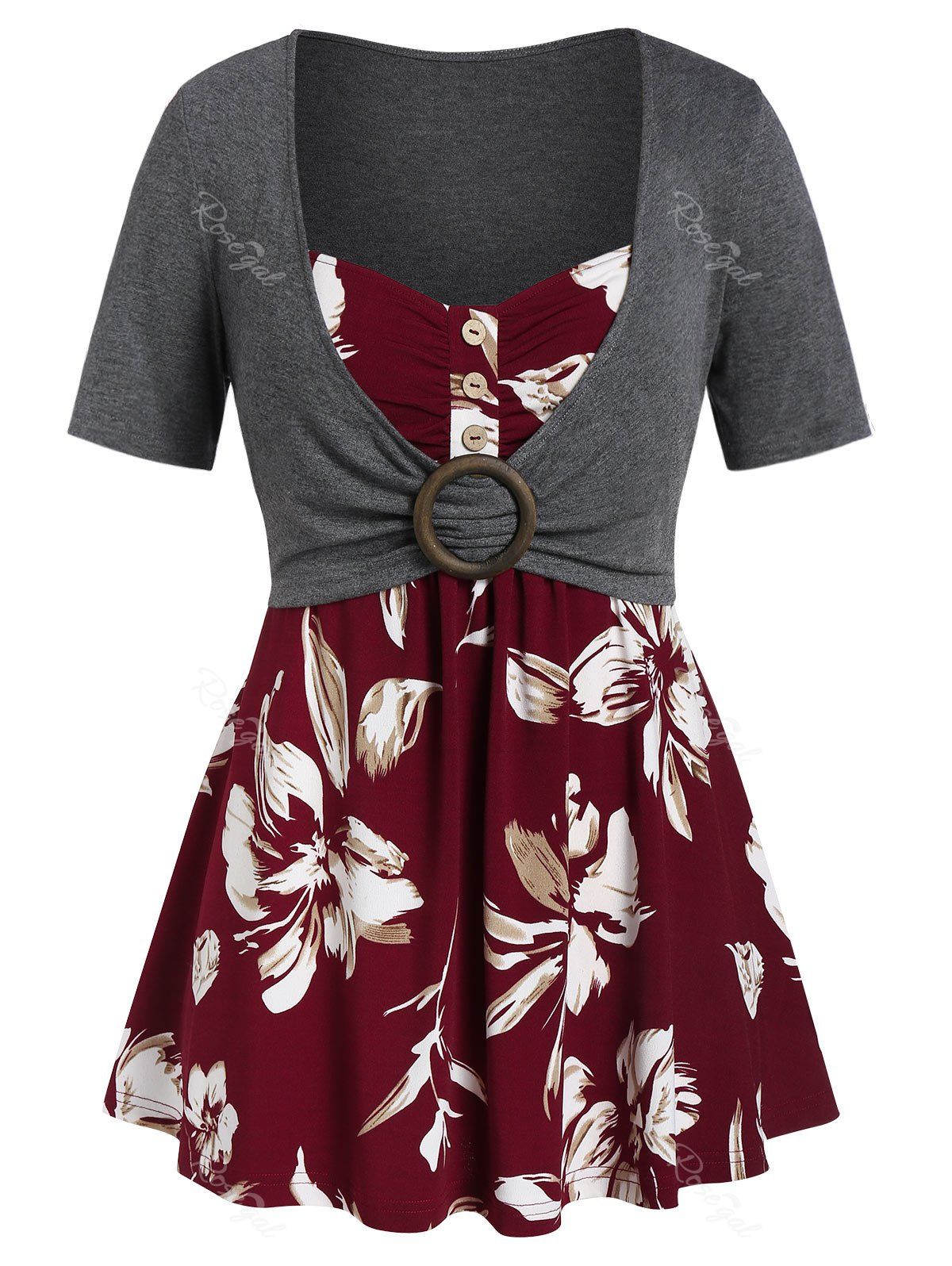

Plus Size Floral Print Tunic Short Sleeve T Shirt, Red wine