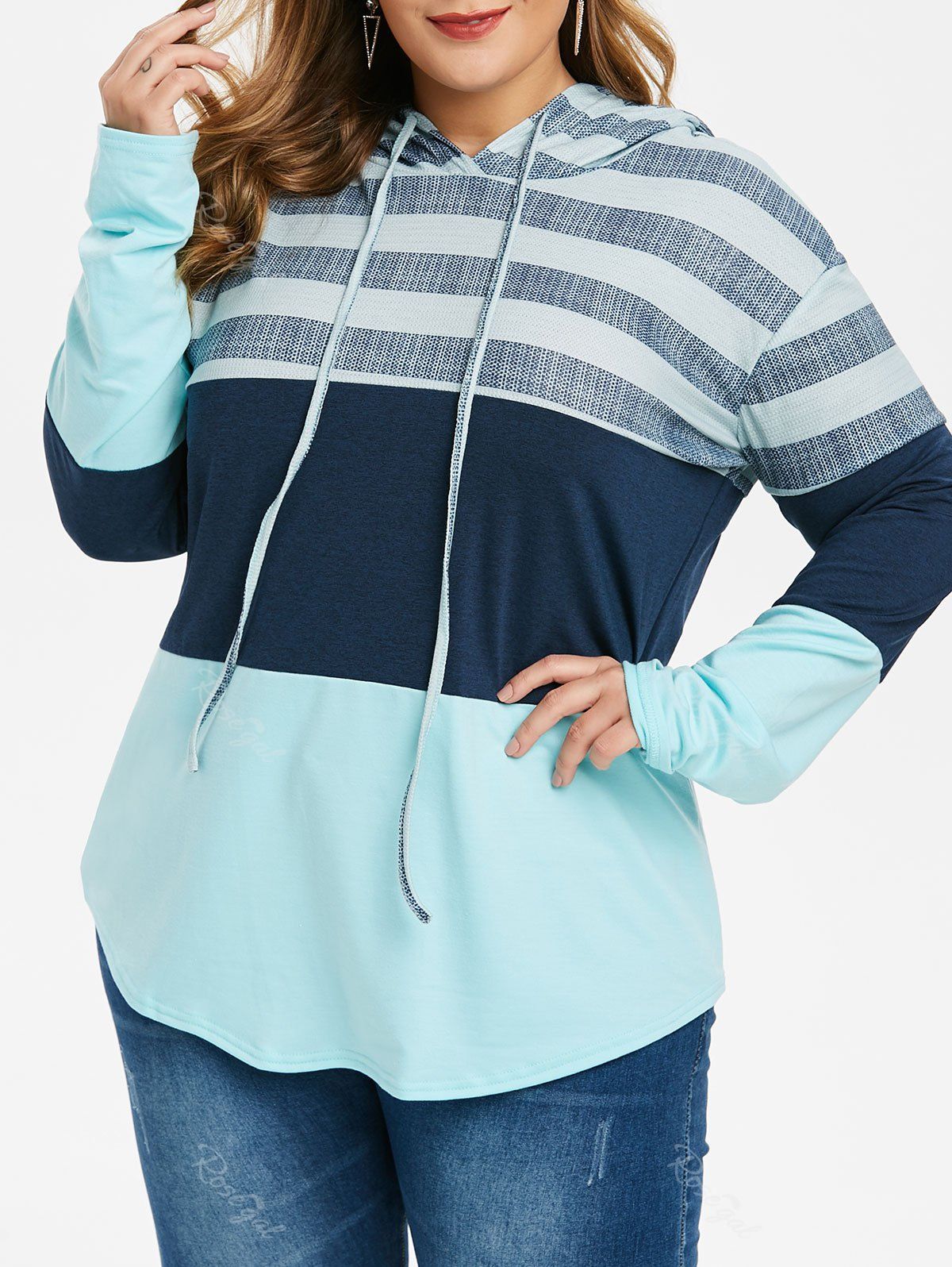 

Curved Hem Color Block Stripes Plus Size Hoodie, Blue