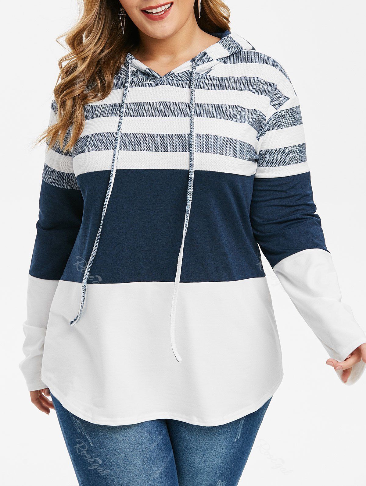 

Curved Hem Color Block Stripes Plus Size Hoodie, White