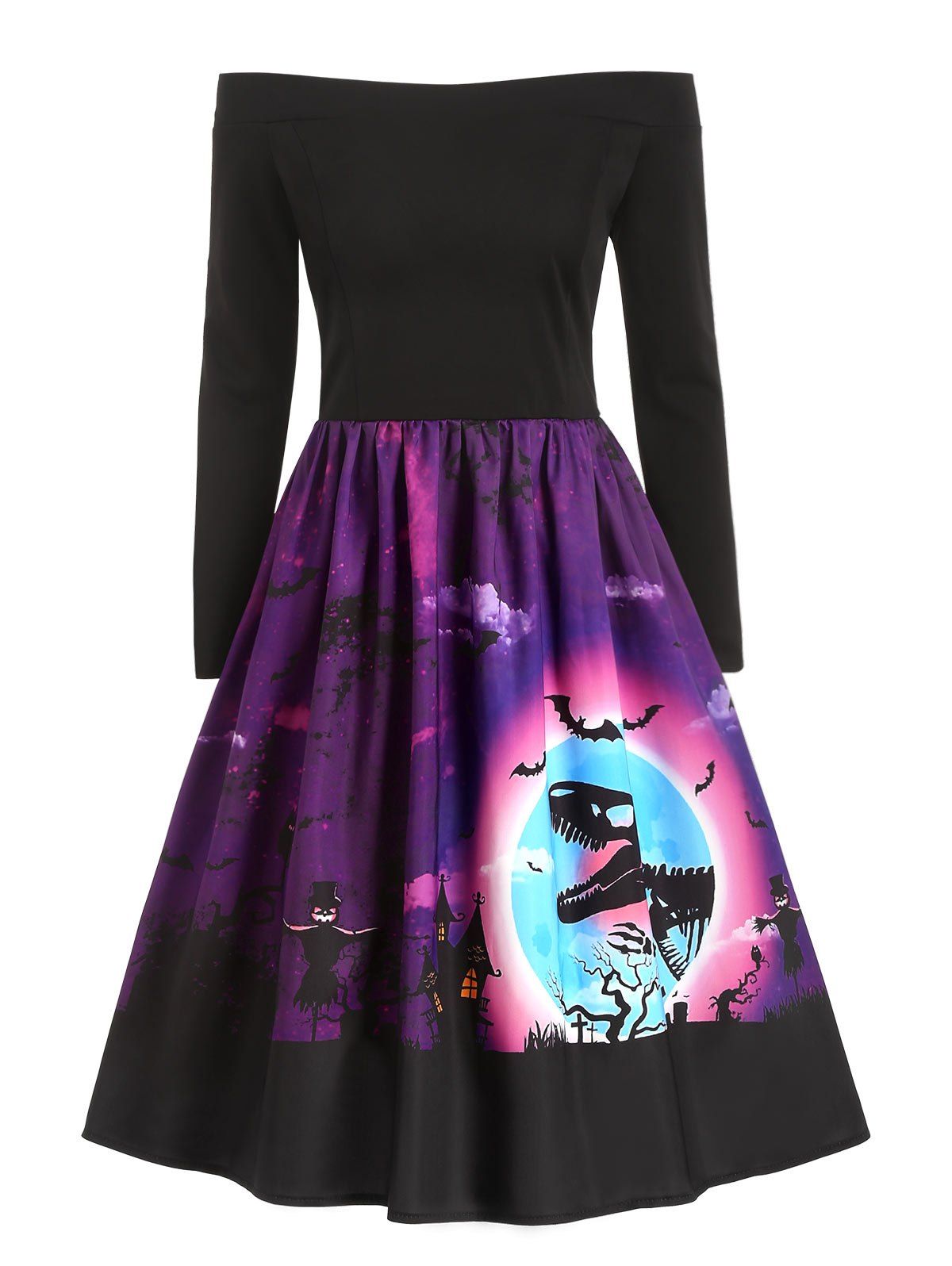 

Dinosaur Bat Print Off Shoulder Halloween Dress, Dark orchid