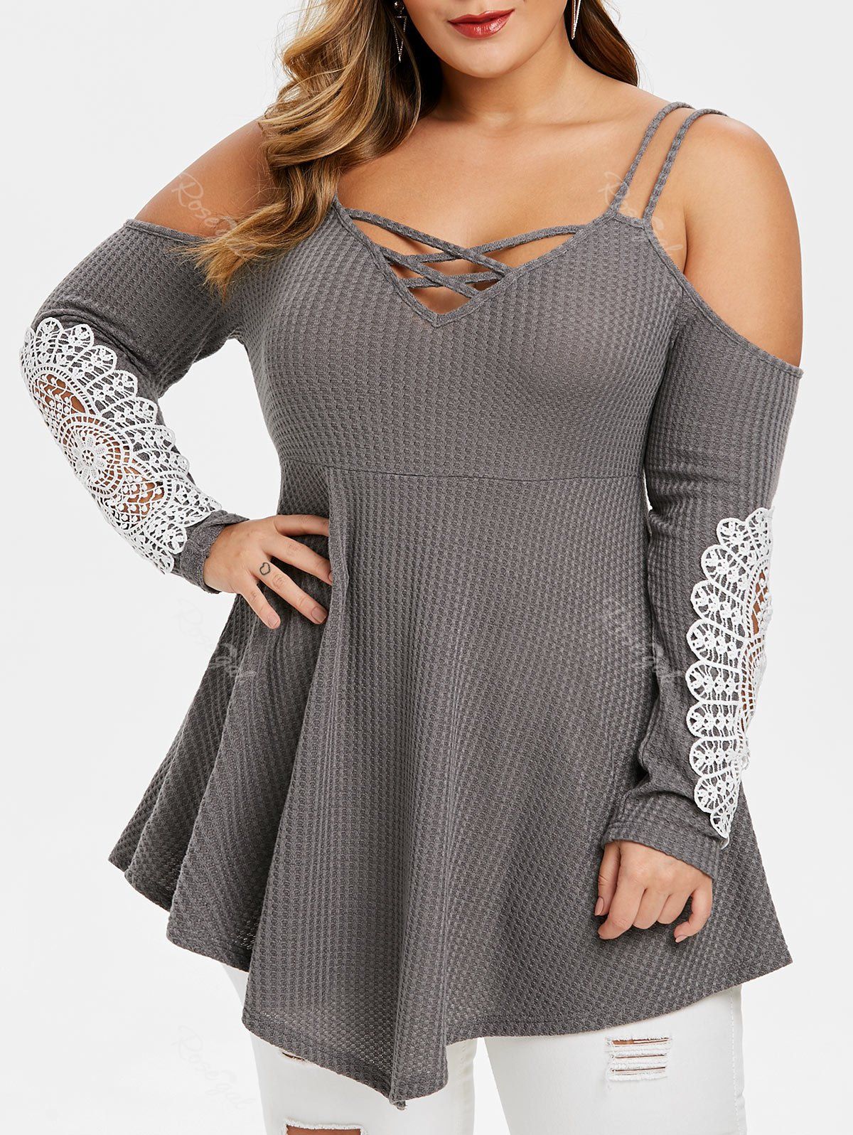 

Plus Size Open Shoulder Spaghetti Strap Applique Sweater, Gray