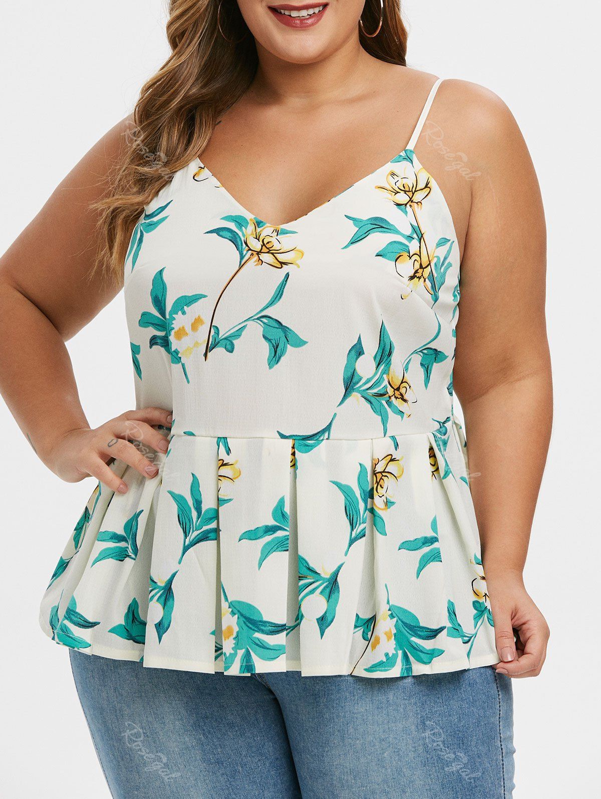 

Plus Size Plant Print Peplum Cami Top, Warm white