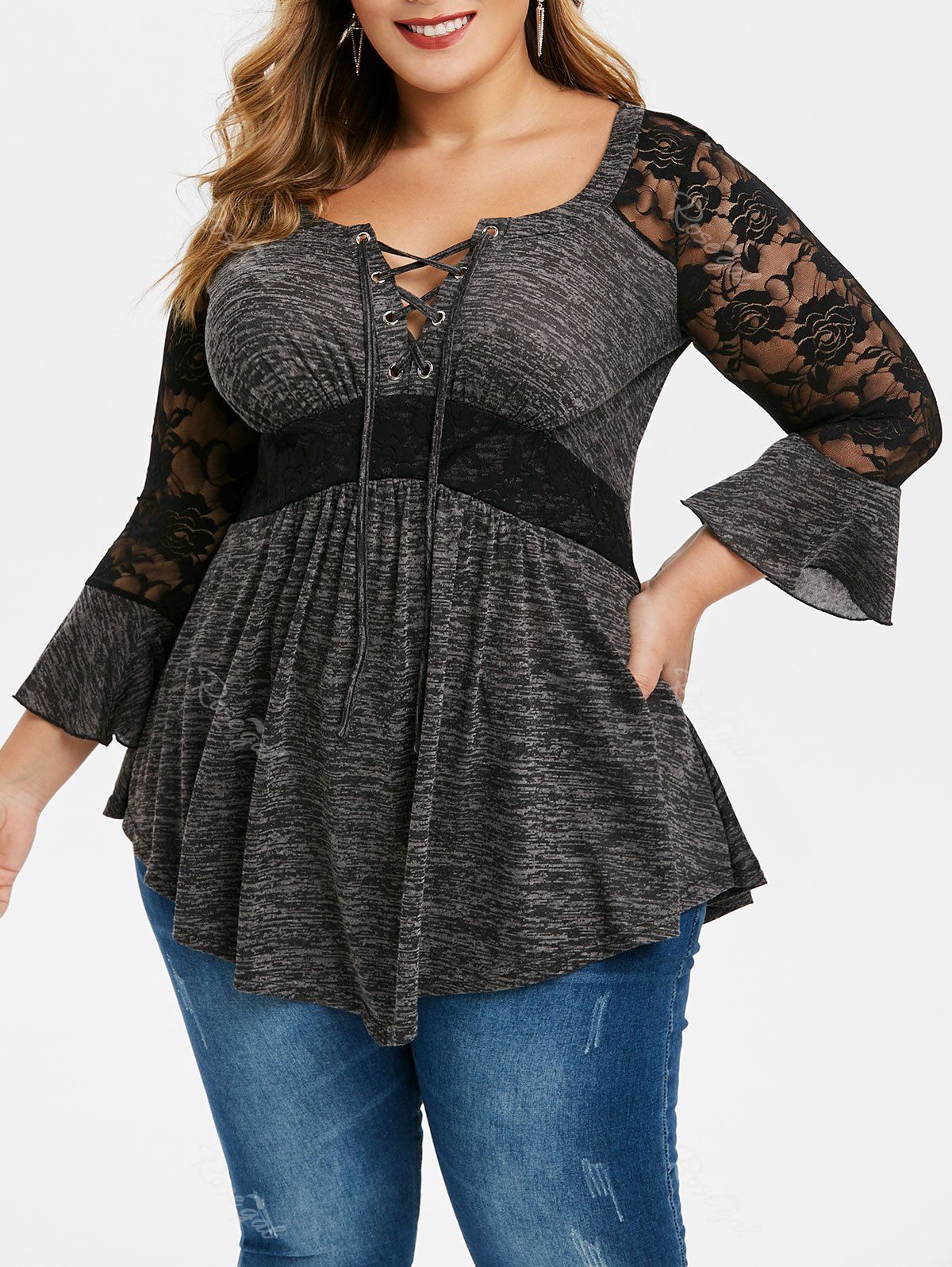 

Plus Size Lace Panel Space Dye Tunic T Shirt, Dark slate grey