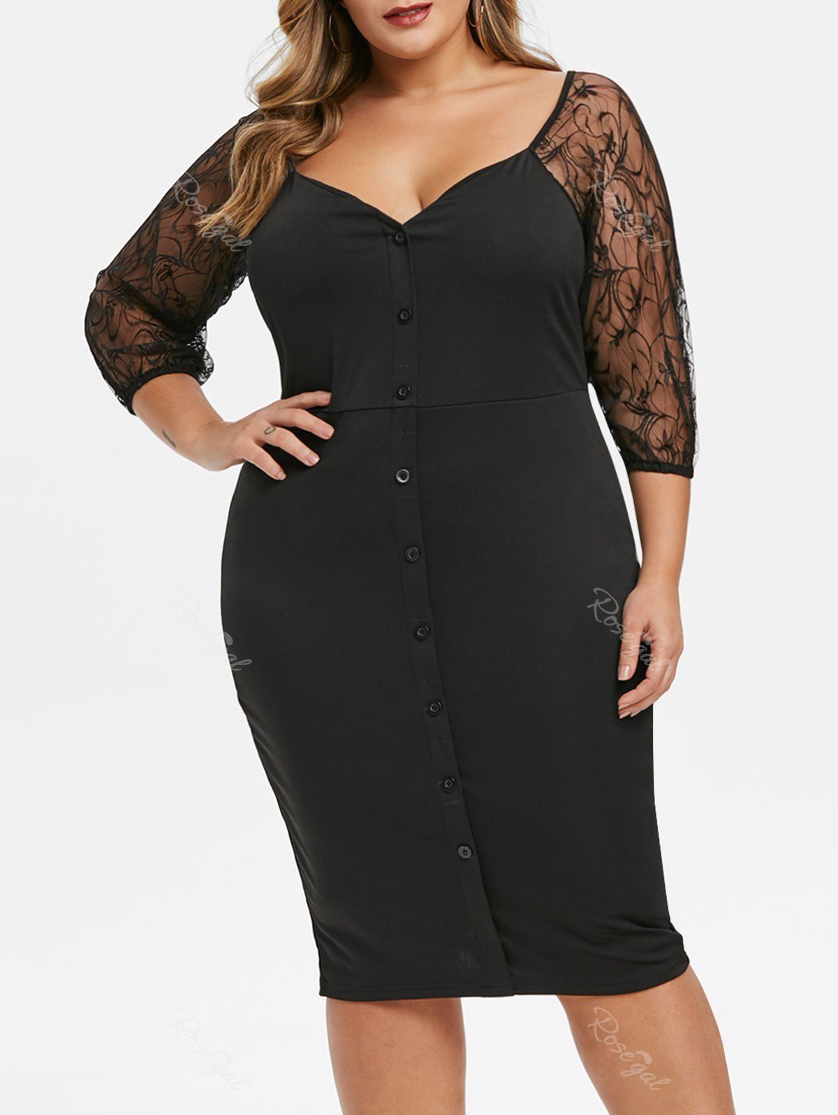 Plus Size Puff Sleeve Buttoned Tight Dress [28% OFF] | Rosegal