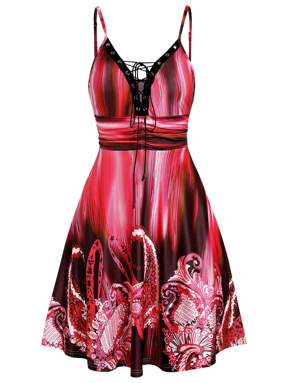 

Spaghetti Strap Fit And Flare Lace Up Dress, Red wine