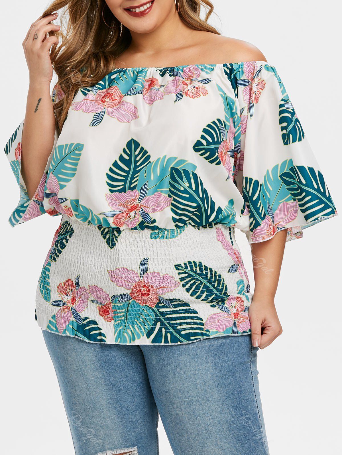 

Plus Size Floral Leaf Smocked Off The Shoulder Top, White