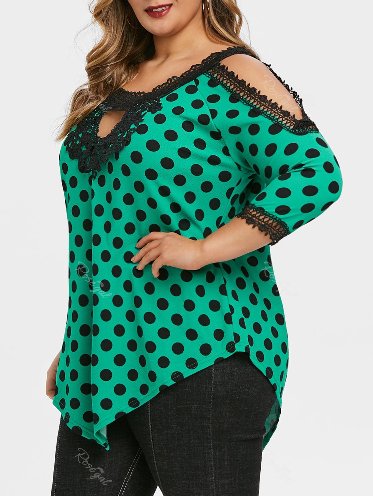 

Plus Size Crochet Yoke Keyhole Polka Dot Blouse, Sea turtle green