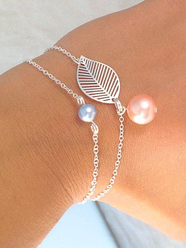 

Faux Pearl Leaf Chain Bracelet Set, Silver