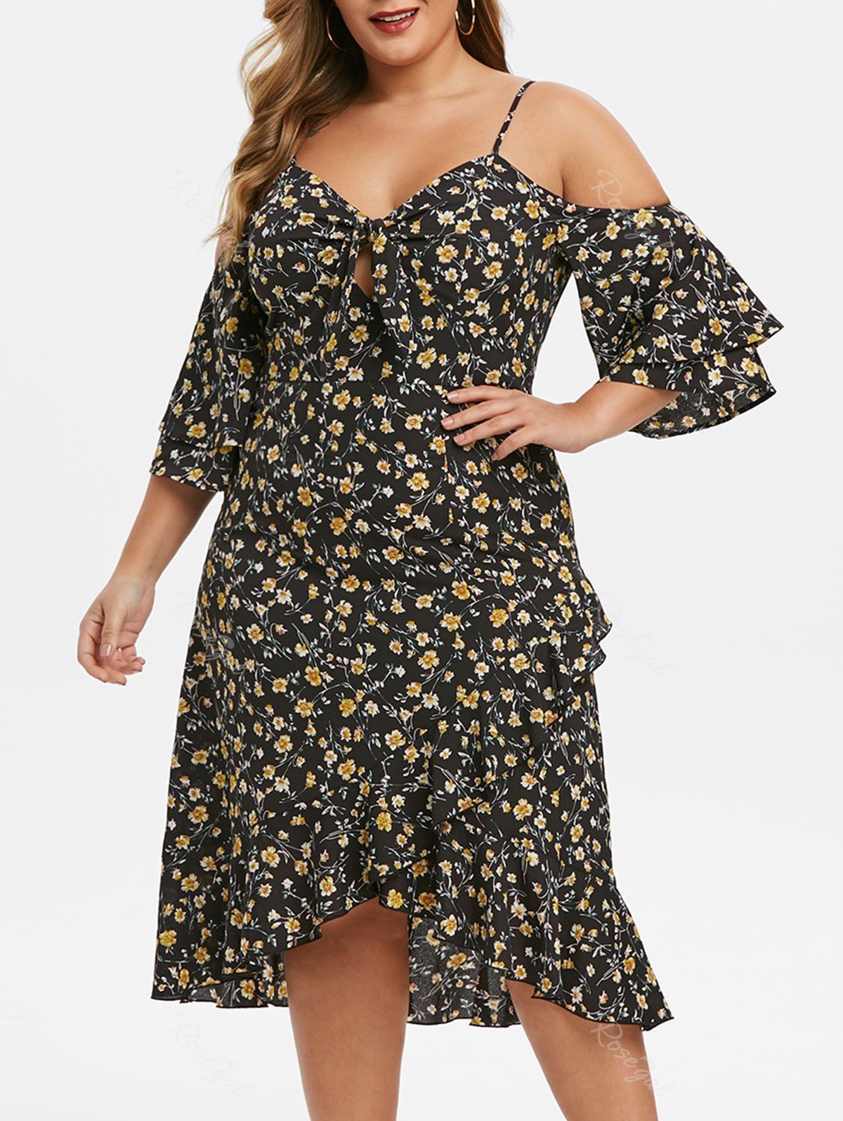 

Plus Size Ditsy Print Front Knot Flounce Midi Dress, Black