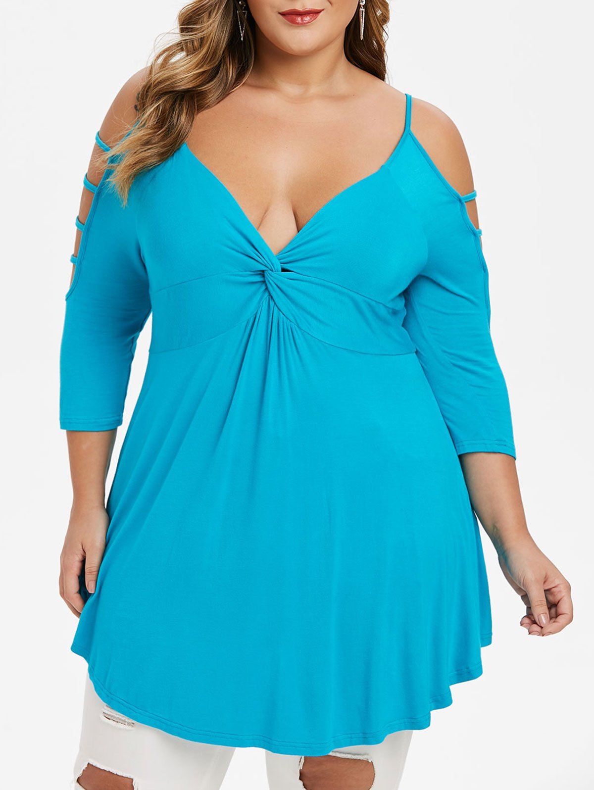 

Plus Size Front Twist Ladder Cut Out Tunic T-shirt, Medium turquoise