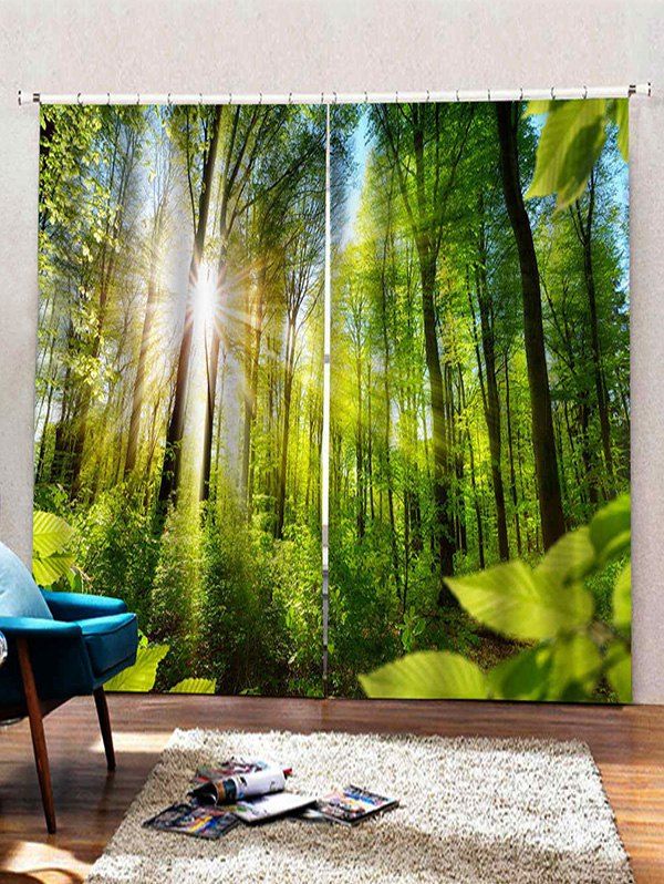 

2 Panels Sunlit Forest Print Window Curtains, Multi-c