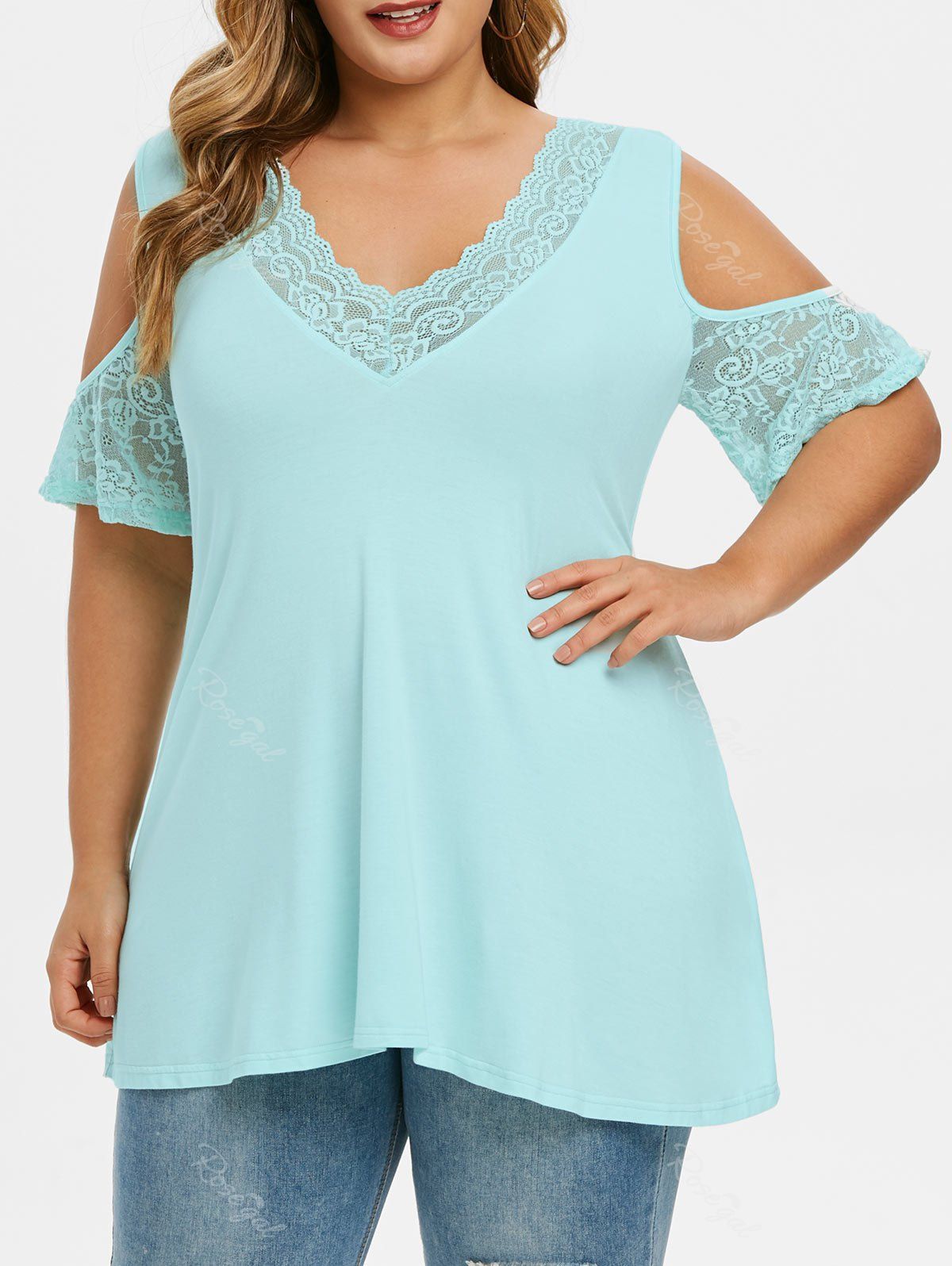 

Plus Size Cold Shoulder Lace Insert T Shirt, Robin egg blue
