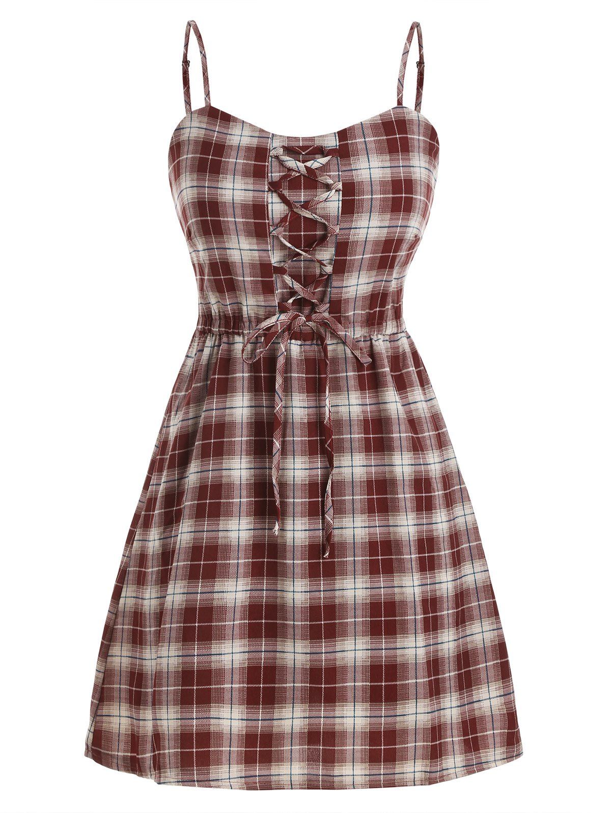 

Lace Up Plaid Smocked Back Overlay Romper, Cherry red