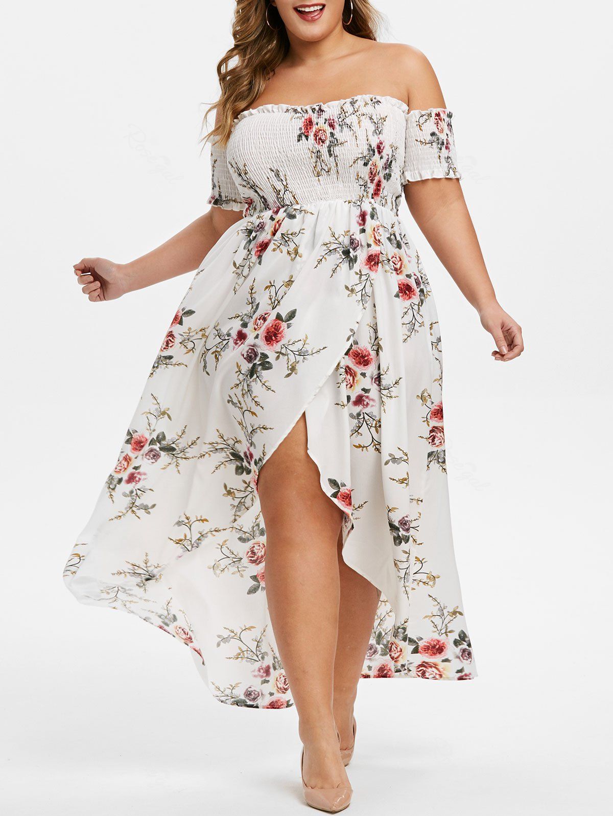 [54% OFF] Plus Size Off Shoulder High Low Floral Maxi Dress | Rosegal