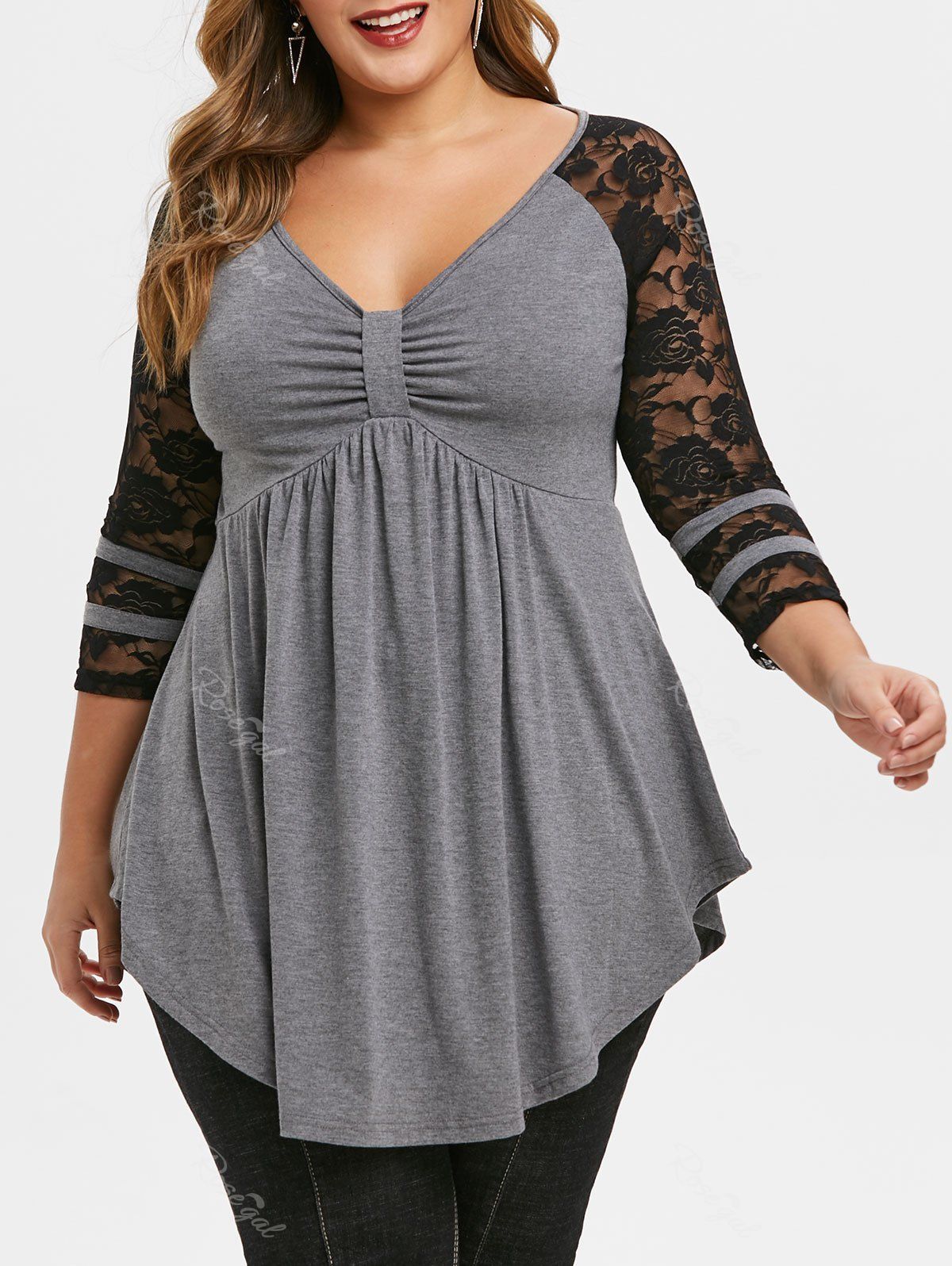 

Plus Size Tunic Lace Insert Plunging Neck T Shirt, Gray cloud