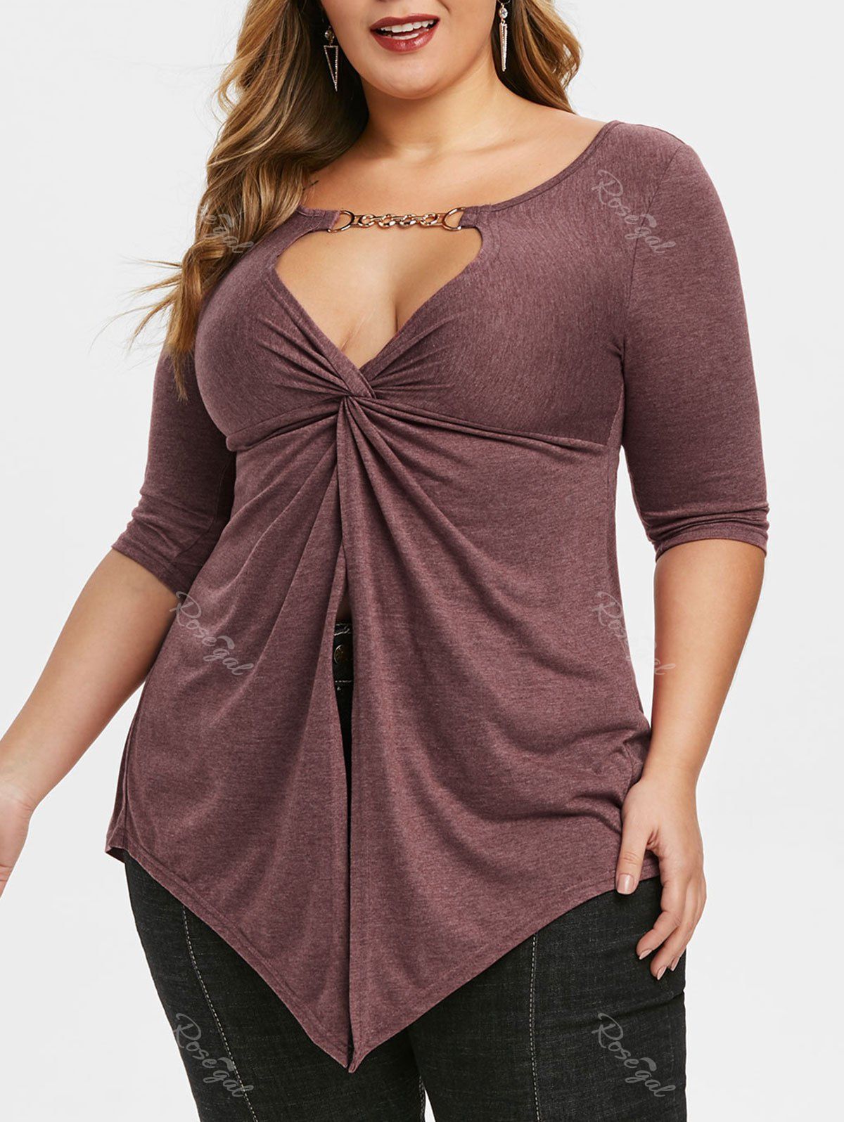 

Plus Size Keyhole Marled Slit Twist T-shirt, Red wine