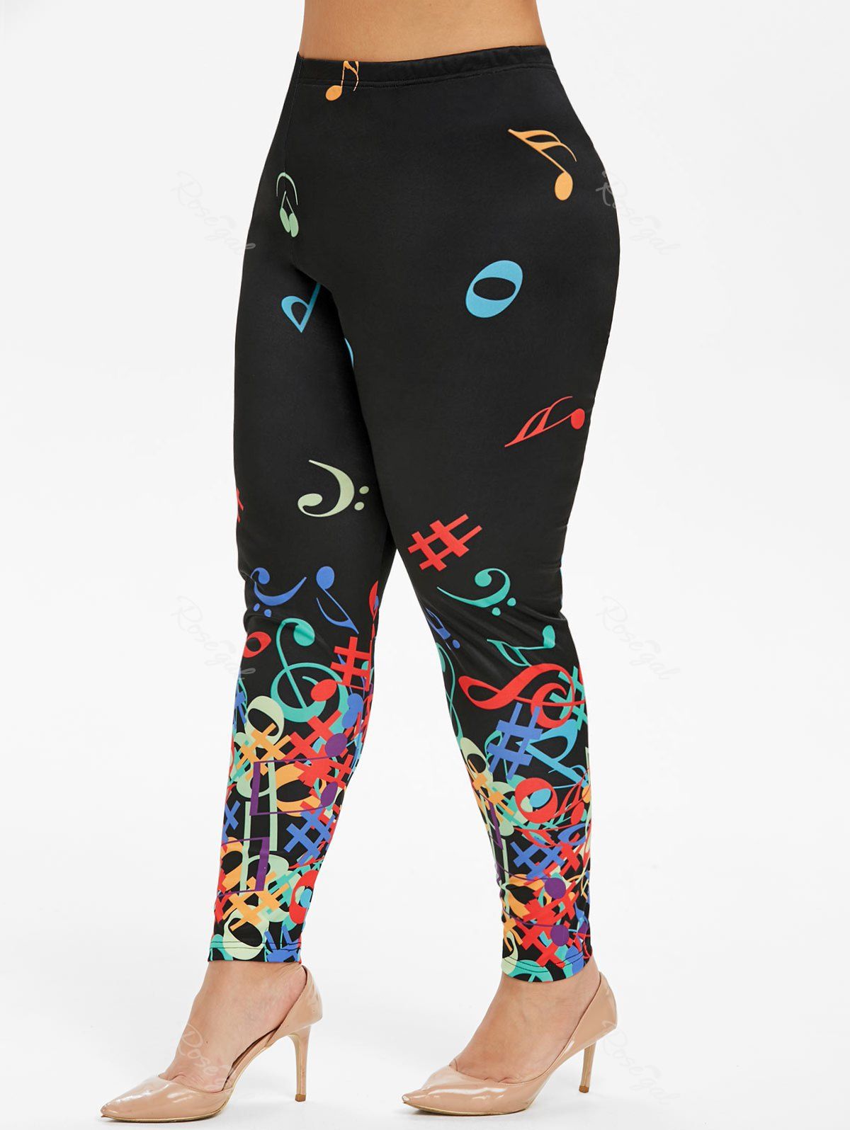 

Plus Size Musical Notes Print Skinny Leggings, Black
