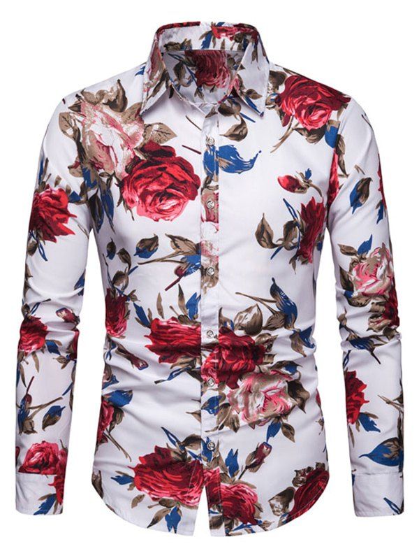 

Flower Print Long Sleeve Button Shirt, Red