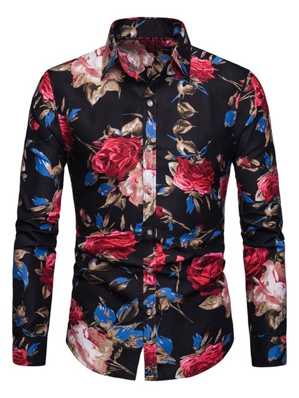 

Flower Print Long Sleeve Button Shirt, Black