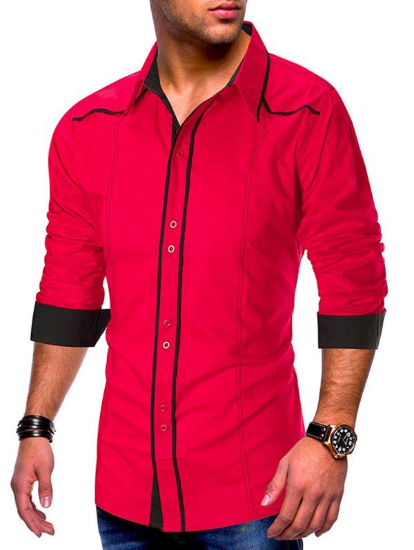 

Color Block Spliced Button Up Long Sleeve Shirt, Red