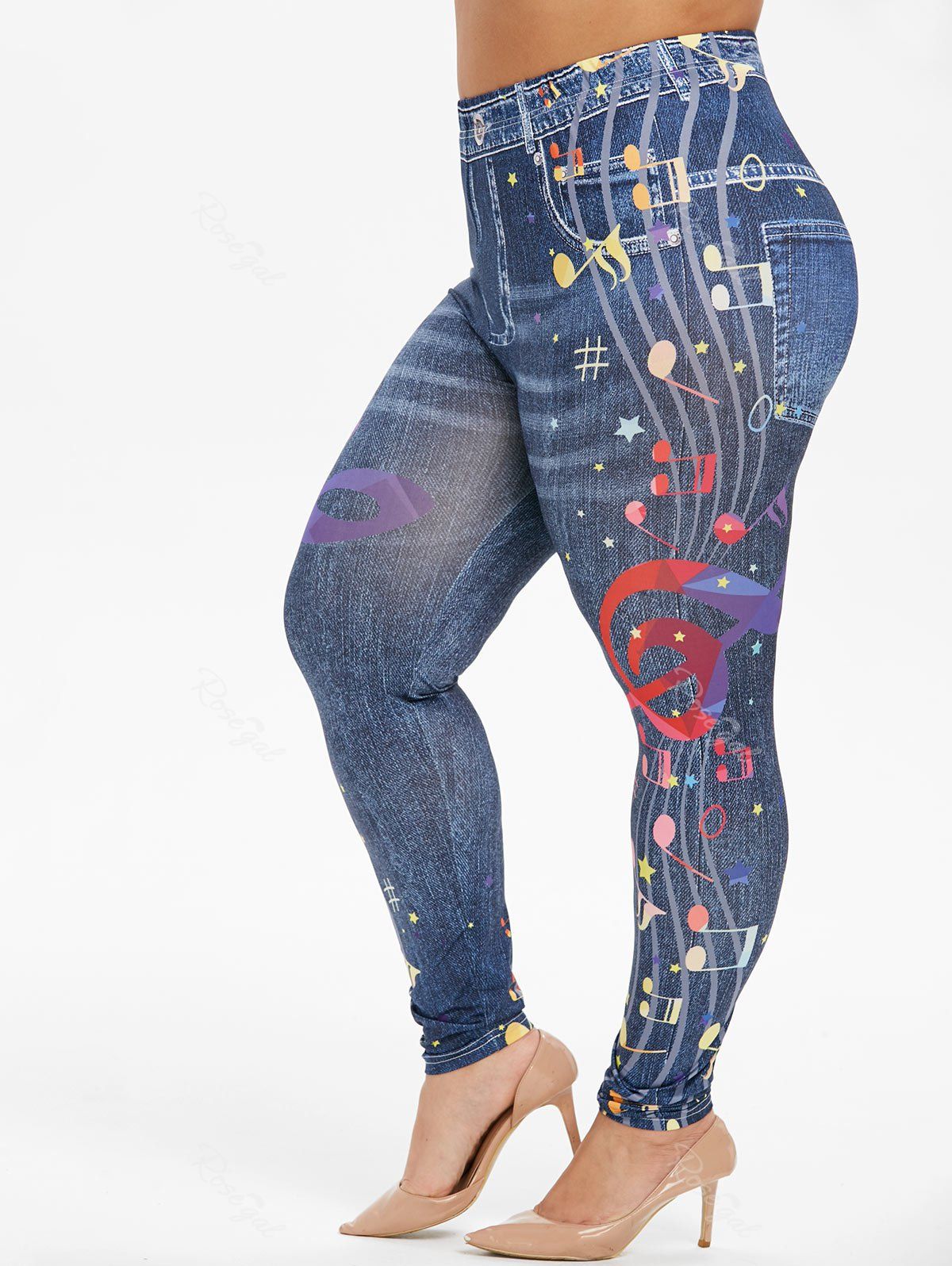 

Plus Size High Rise Musical Notes Print Jeggings, Denim dark blue