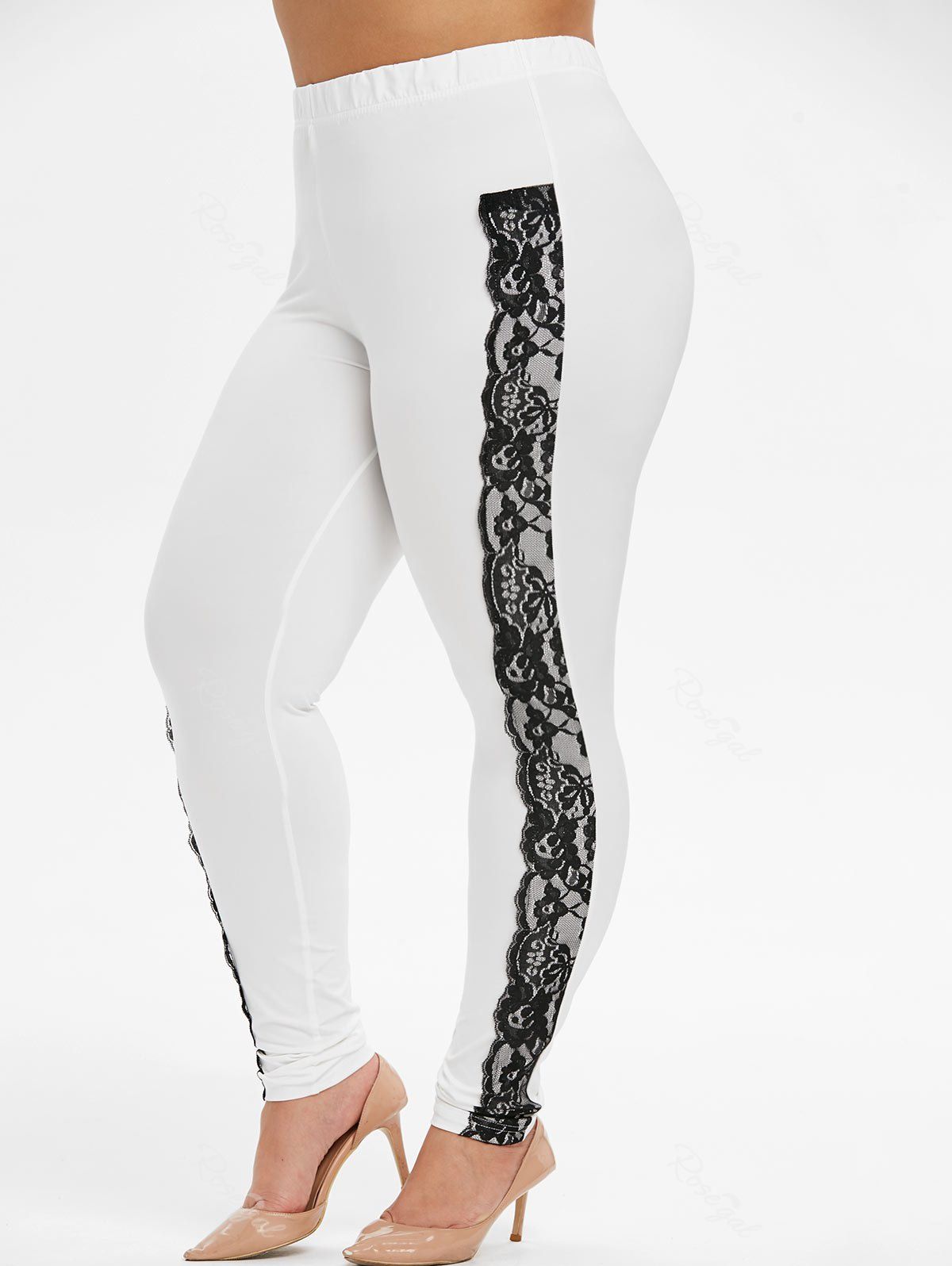 

PLus Size High Waisted Contrast Lace Panel Leggings, White