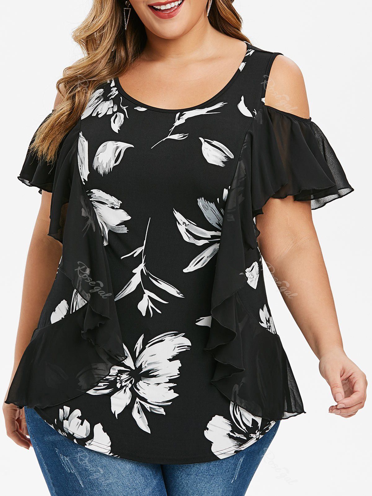 

Plus Size Tunic Open Shoulder Floral Print T Shirt, Black